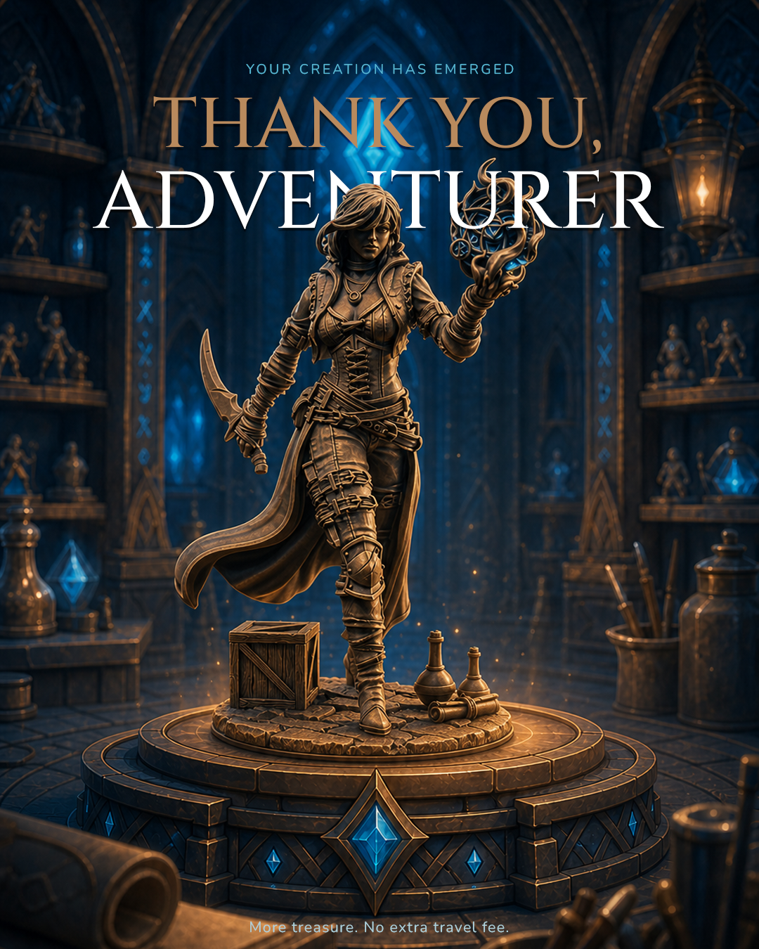 Personalized order thank-you composition with a bronze miniature overlapping the headline